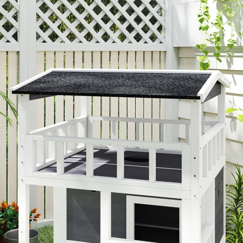 Wooden 3-Tier Outdoor Cat House with Tilted Roof, Terrace, Jump Step, Waterproof Grey Shelter for Cats