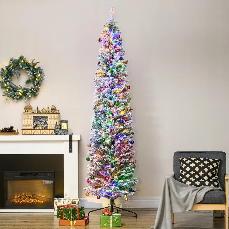 7.5' Prelit Artificial Christmas Tree with Colorful LED Lights, Flocked Tips, Berries & Pine Cones - Holiday Decor