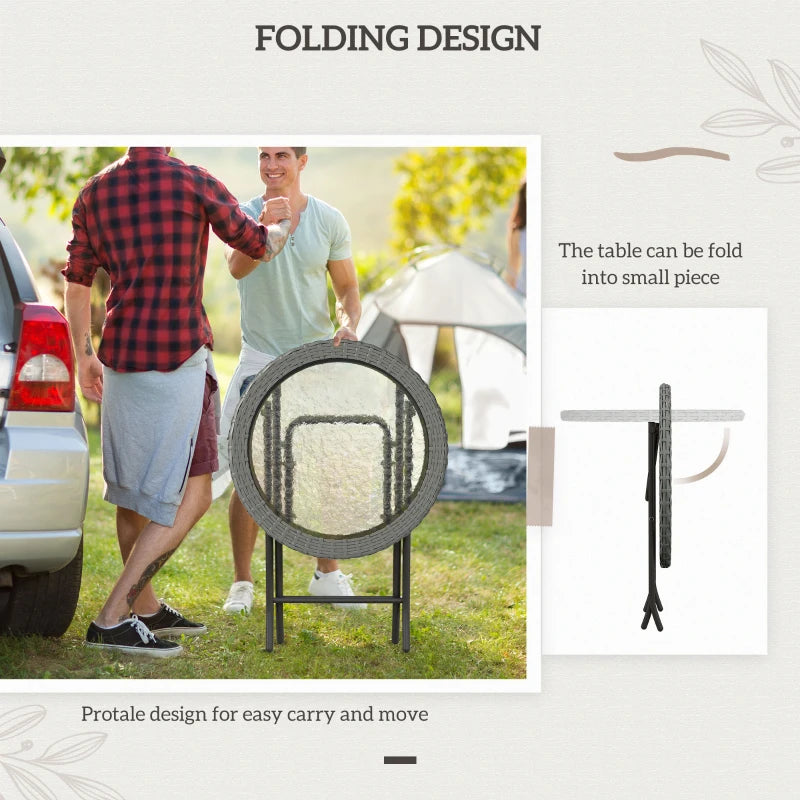 Folding Round Tempered Glass Garden Table - 60cm, Grey Rattan Edging