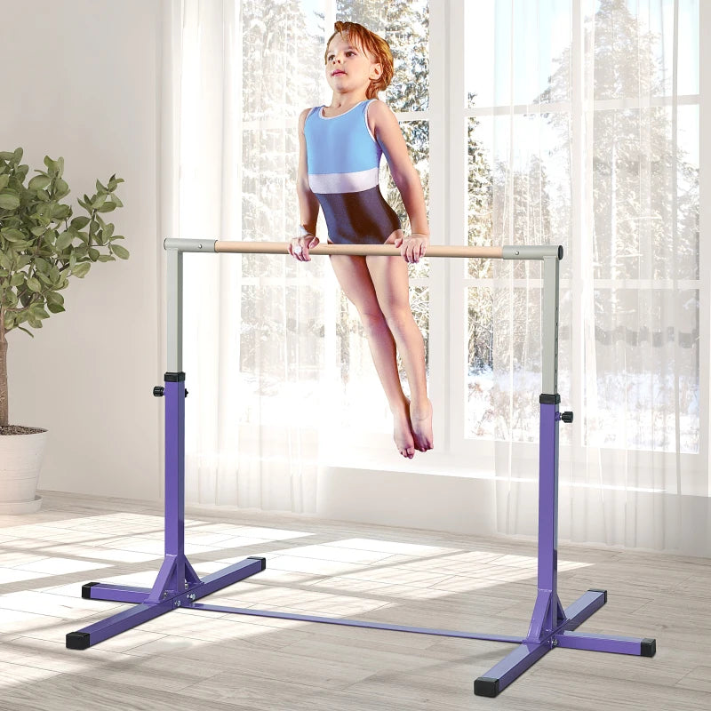 Adjustable Steel Frame Horizontal Gymnastics Bar for Kids Home Gym Training Purple