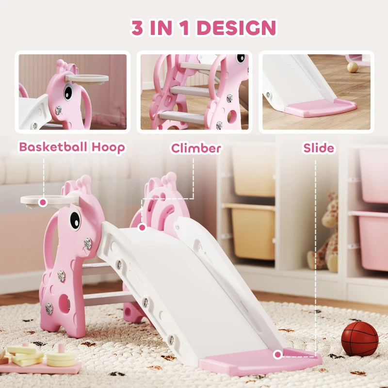 Giraffe Shape 3 in 1 Kids Slide Climber with Basketball Hoop for Indoor Play Age 1-3 Pink
