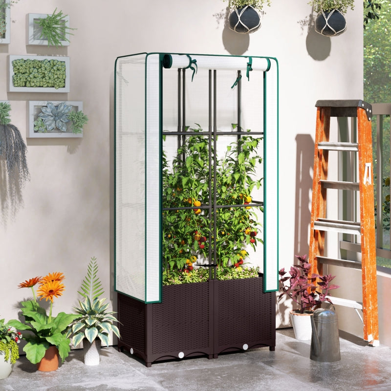 Raised Garden Bed with Trellis - 80 x 40 x 140 cm - Plastic Planter Box for Climbing Plants, Vegetables, and Flowers - Includes Drainage Holes and Drain Plugs