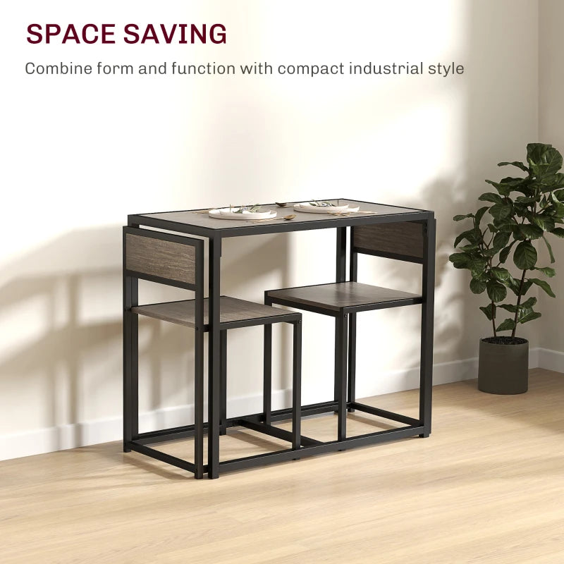 Compact Dining Table and Chairs Set for Small Spaces - Rectangular Steel Frame with Grey Wood-Effect Finish - 2-Piece Dining Room Set