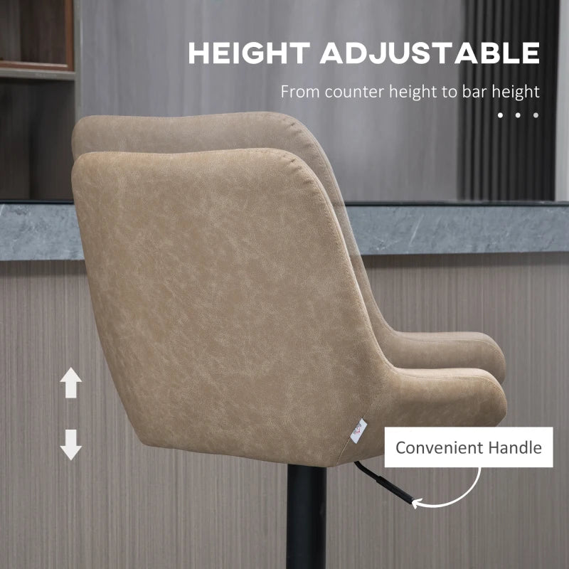 Retro Bar Stools Set of 2 - Adjustable Upholstered Kitchen Chairs with Back, Swivel Seat in Light Khaki