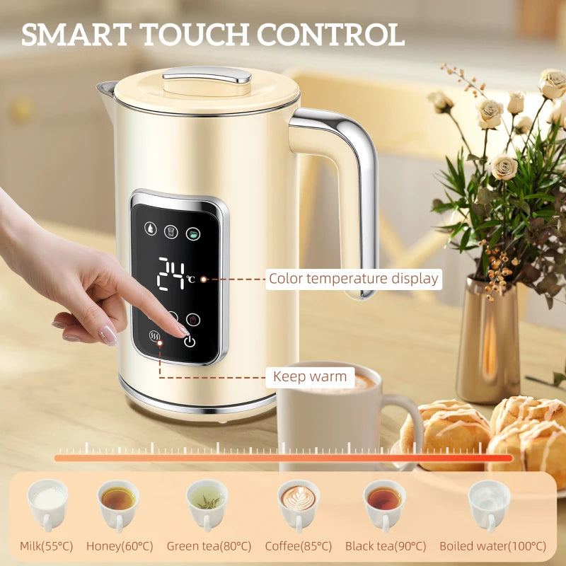 Premium Cream Touch Screen Kettle and Toaster Set - Stylish Kitchen Appliances for Modern Homes