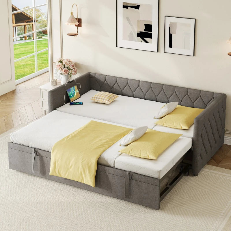 Upholstered Daybed with USB & Type-C Ports, Button-Tufted Trundle Bed for Bedroom & Study, Grey, 206L x 193W x 71H cm