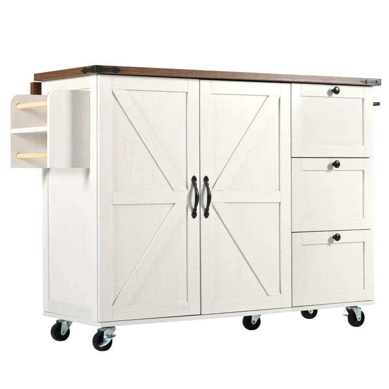 Elegant White Kitchen Island with Extendable Worktop & Smooth Wheels, Ample Storage Serving Cart, 140L x 45W x 92.5H cm