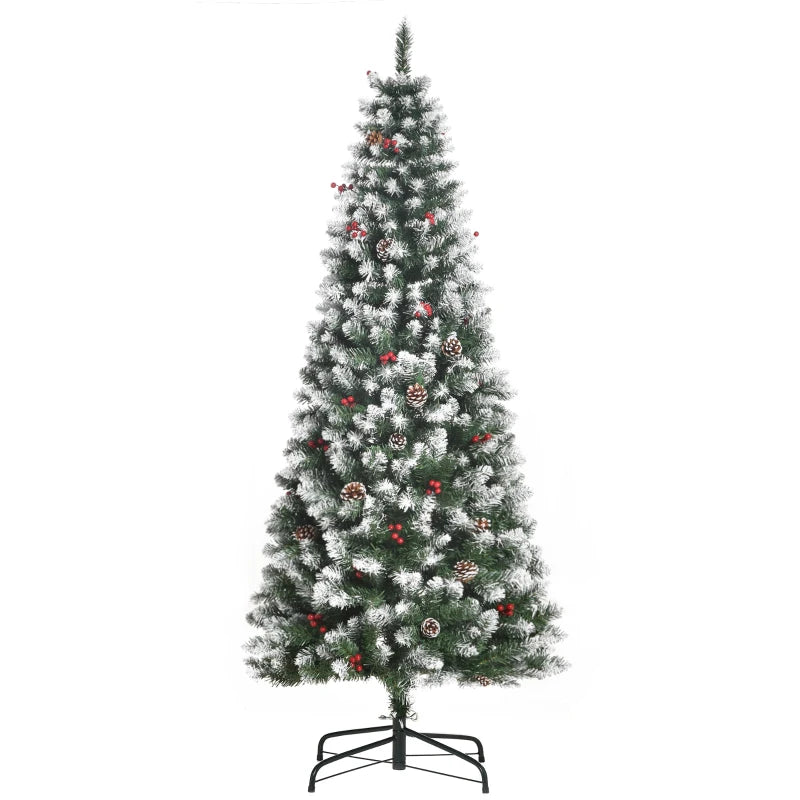6FT Artificial Christmas Pencil Tree with Red Berries & Pinecones - Foldable Indoor Holiday Decoration, Green Xmas Tree