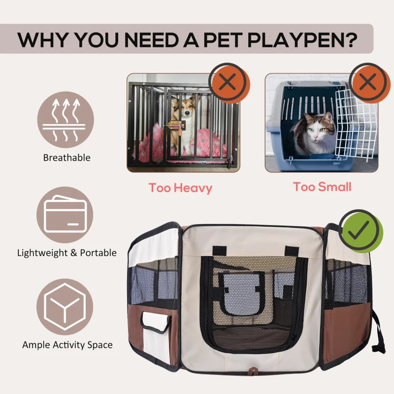 Portable Cat Dog Playpen - Indoor Outdoor Pet Pen for Puppies, Rabbits & Guinea Pigs - 90cm Diameter, 41cm Height, Brown