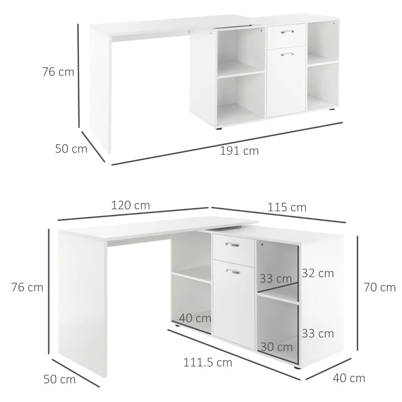 L-Shaped White Computer Desk with Storage, Drawer & Cabinet - Corner Laptop PC Workstation for Home Office, 120x115x76cm