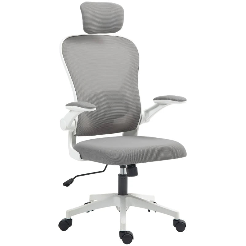 Ergonomic Executive Office Chair - High Back Mesh Desk Chair with Flip-Up Armrests, Rotatable Headrest & Adjustable Lumbar Support - Grey