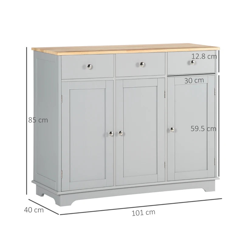 Modern Grey Sideboard with Rubberwood Top & Adjustable Shelves - Perfect for Dining Room & Kitchen Storage