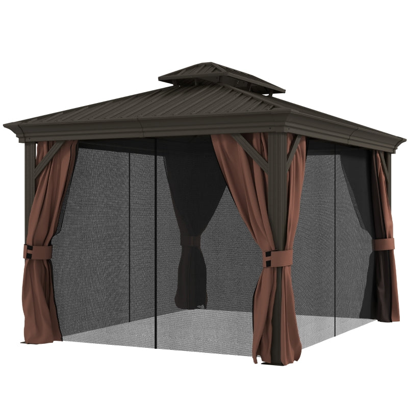 3m x 3.7m Dark Brown Outdoor Hardtop Gazebo Canopy with Aluminium Frame, 2-Tier Roof & Mesh Netting Sidewalls for Patio