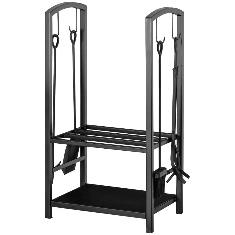 Metal Firewood Log Holder Rack - 2 Layer Indoor Outdoor Fireplace Wood Storage with Tools & Hooks, Black, 40L x 30W x 74.5H cm