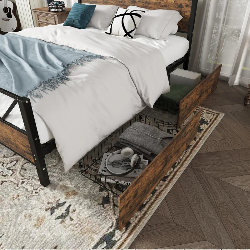 Sturdy Metal Double Bed with 2 Storage Drawers - Iron Frame & MDF, Black, 198L x 137W x 116H cm for Adults & Teens