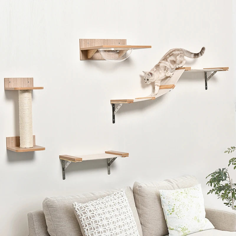 4PC Wall-Mounted Cat Climbing Shelf Set - Cat Tree Activity Center with Hammock & Scratching Post - Brown