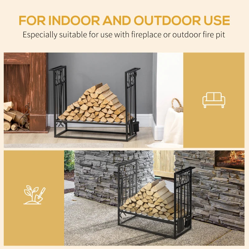 Steel Firewood Log Holder Rack - Indoor Outdoor Fireplace Wood Storage with Tools, Hooks, Rust-Resistant, Black, 75L x 30W x 60H cm