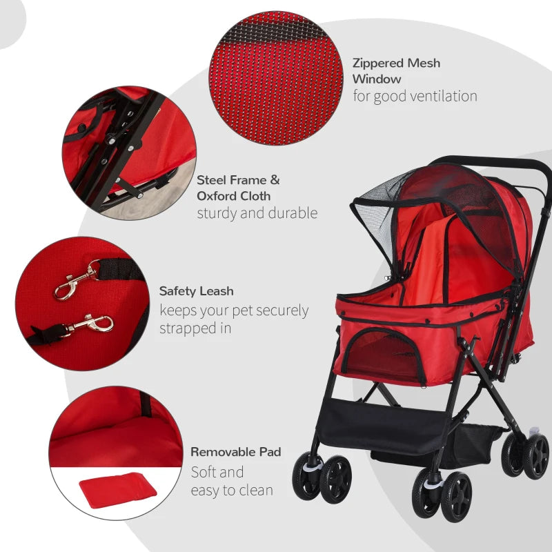 Foldable Pet Stroller for Dogs & Cats - Travel Pushchair with Reversible Handle, Brake & Storage Basket