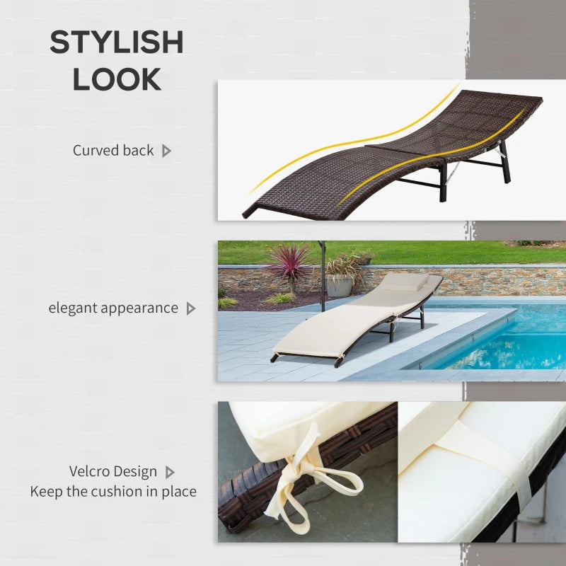 Cream White Rattan Folding Sun Lounger with Cushion and Pillow