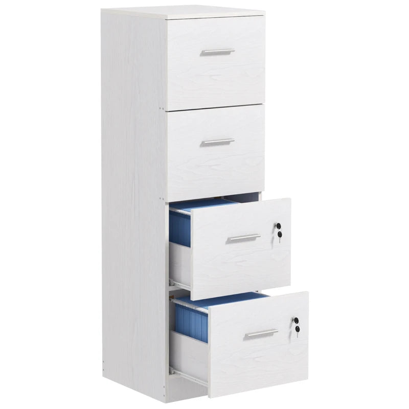 Stylish White Wood Effect Four-Drawer Lockable Filing Cabinet for Secure Document Storage - Ideal for Home or Office