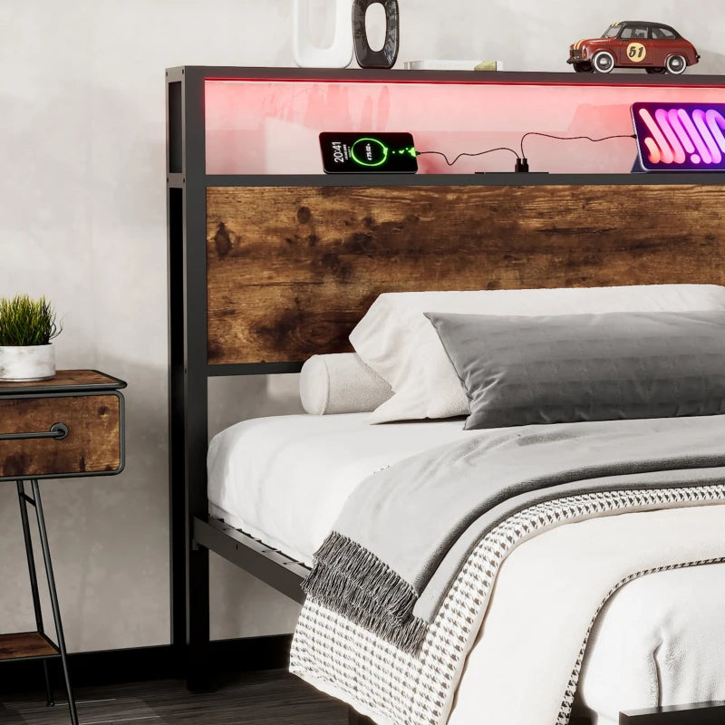 Metal Double Bed with LED Light Strip, 4 Drawers & 3 USB Ports - Black & Dark Walnut, 207.5x135x105 cm
