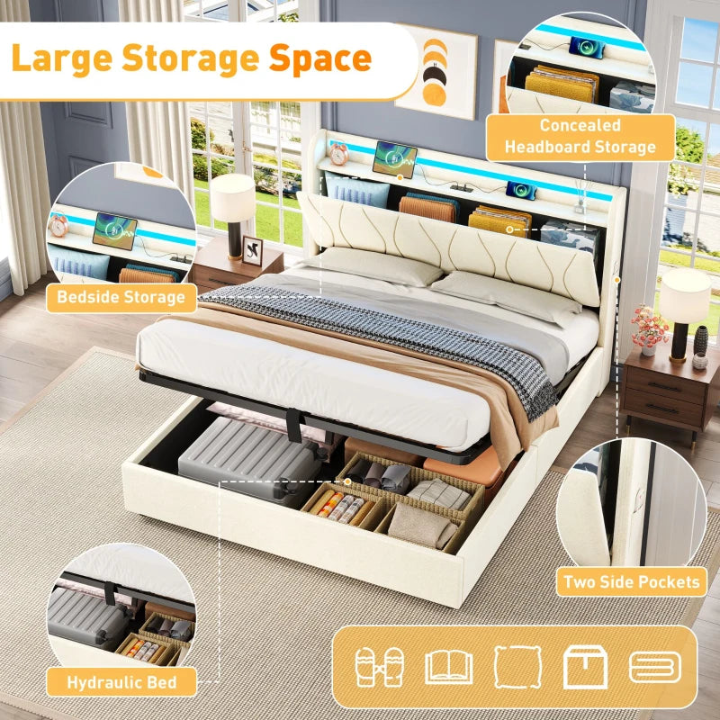 Double Upholstered Bed with LED Headboard & USB Ports - Hydraulic Storage Bed, Beige, 207x136x105 cm - Modern Charging Station