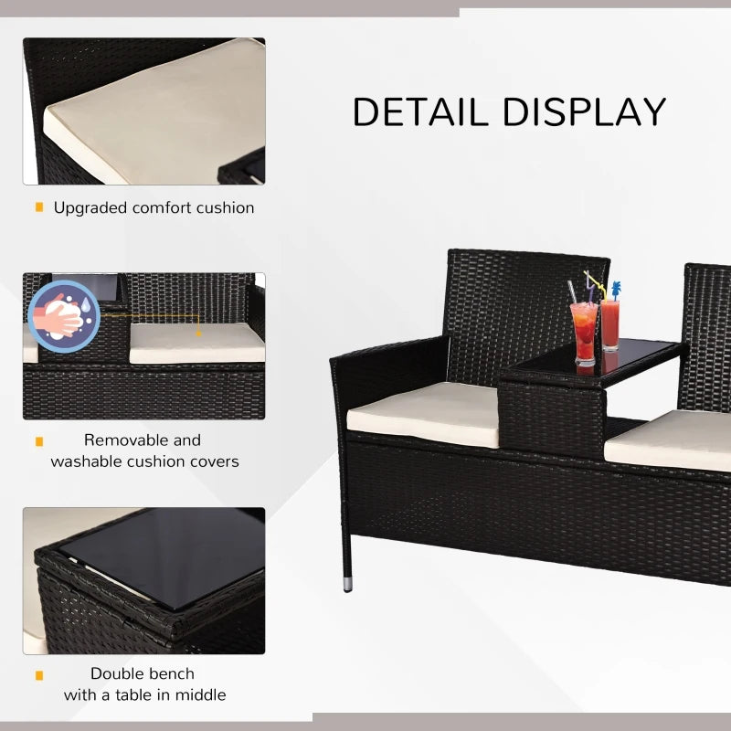 Dark Brown Rattan 2-Seater Outdoor Patio Loveseat with Drink Table