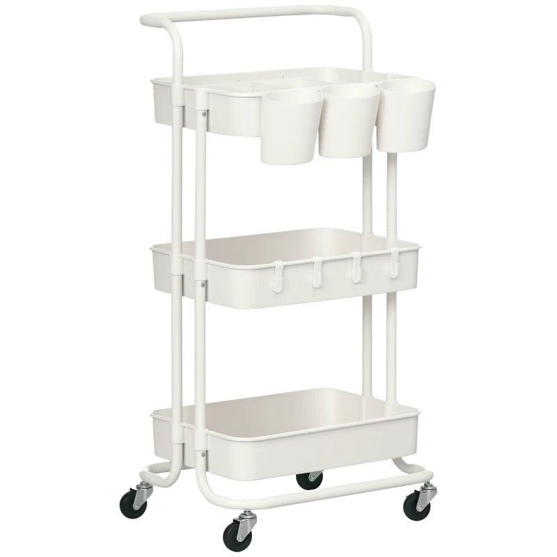 White Three-Tier Home Trolley with Handle and Wheels - Versatile Storage Cart for Kitchen, Living Room, and Office