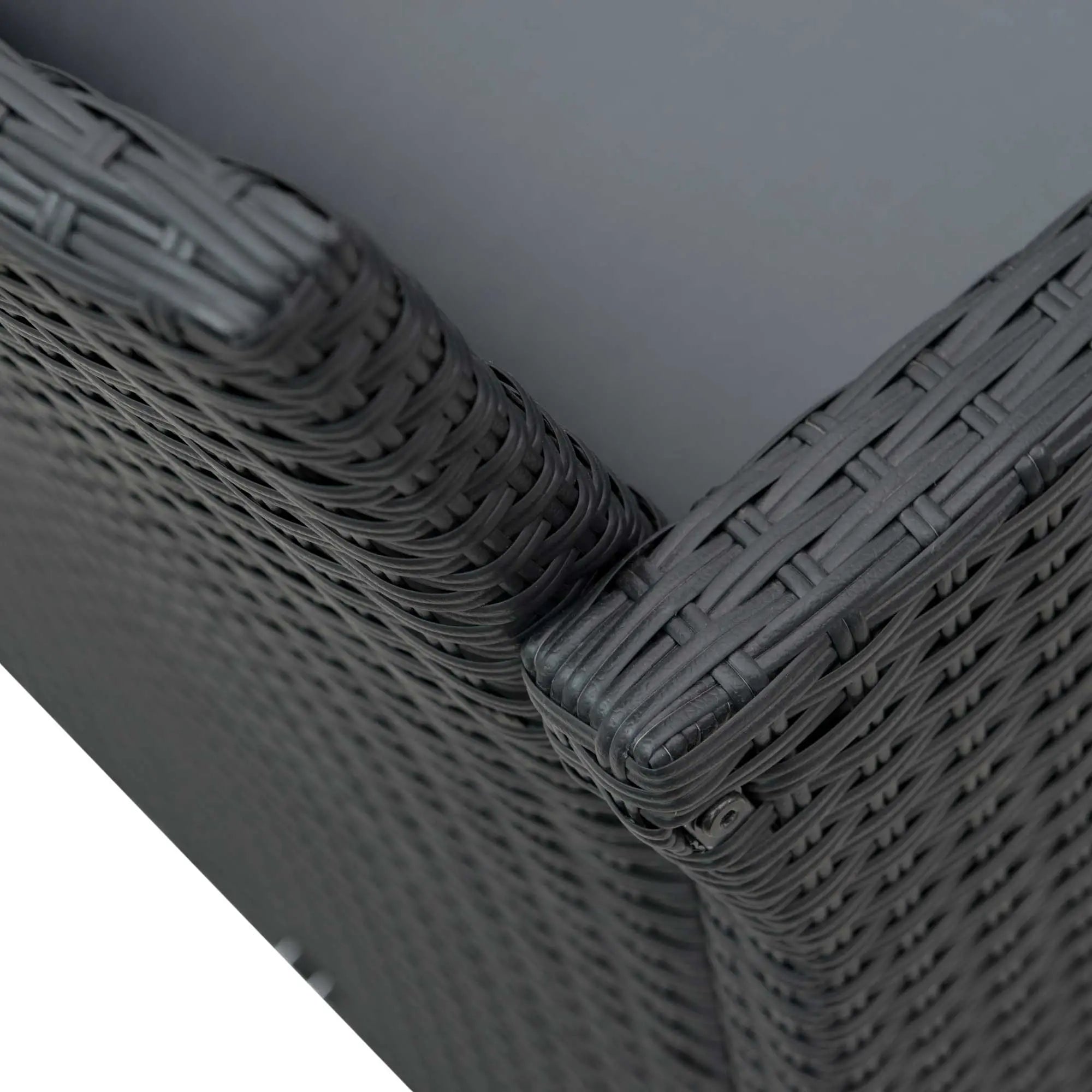 Black 4 Piece Rattan Furniture Set with Grey Cushions, 2 Armchairs and Dark Coffee Table