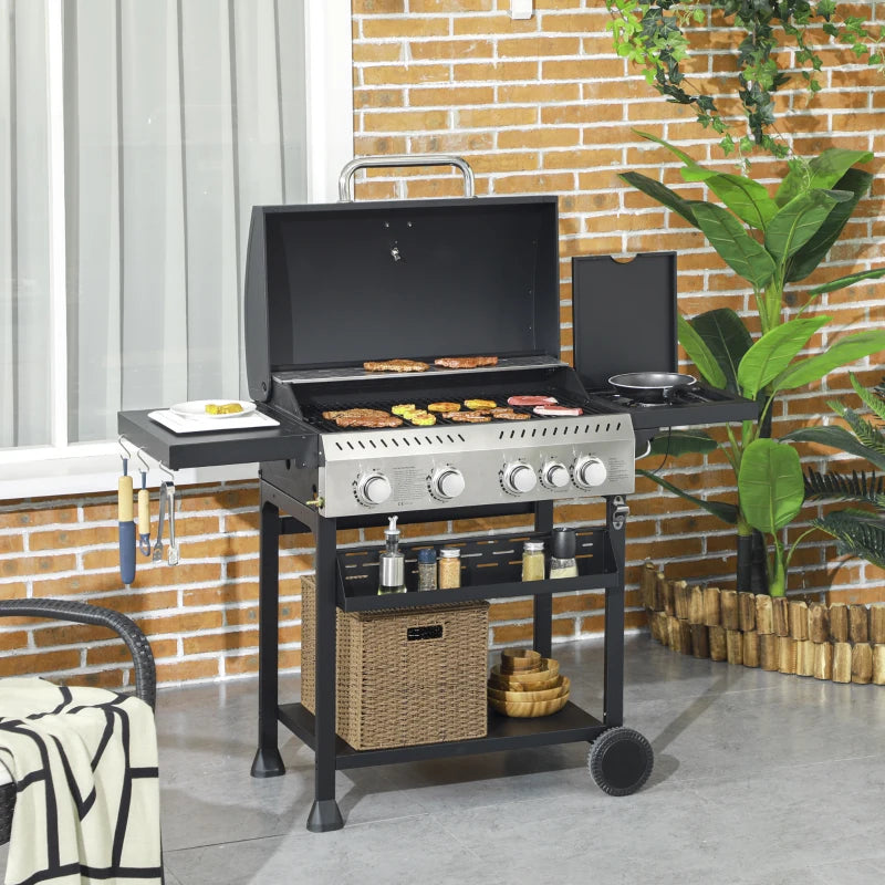 Black 5-Burner Steel Gas Grill with Thermometer