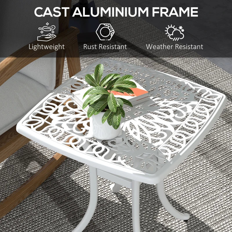 Square White Cast Aluminium Bistro Table with Umbrella Hole - Outdoor Garden Side Table for Balcony (Size: 60cm)