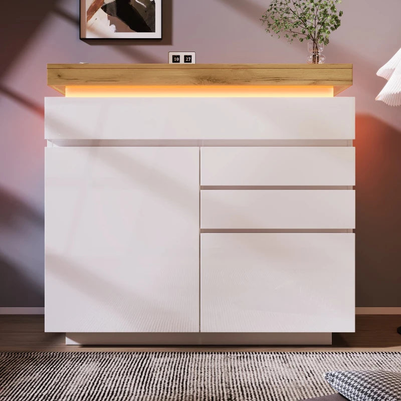 High-Gloss White Chest of Drawers with LED Lighting - 2 Doors & 3 Drawers Sideboard Cabinet, 110x39x115 cm
