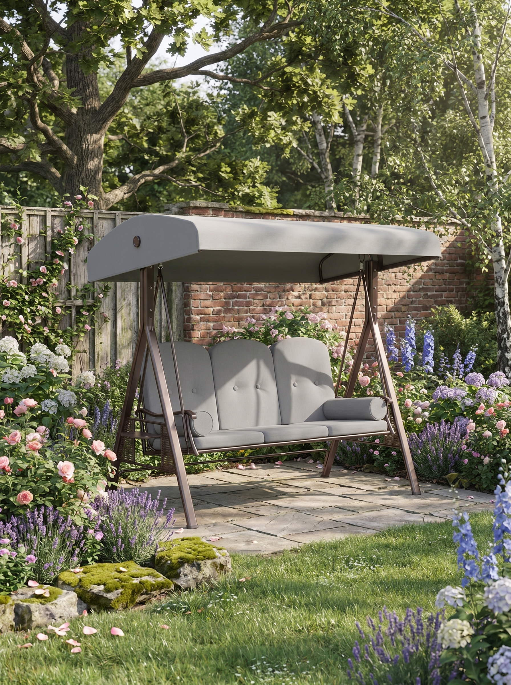 3 Seater Garden Swing Chair with Adjustable Canopy, Cushioned Outdoor Patio Swing Seat, Heavy-Duty Steel Frame, Cup Holder Trays, Weather-Resistant Light Grey Canopy Swing Bench for Garden