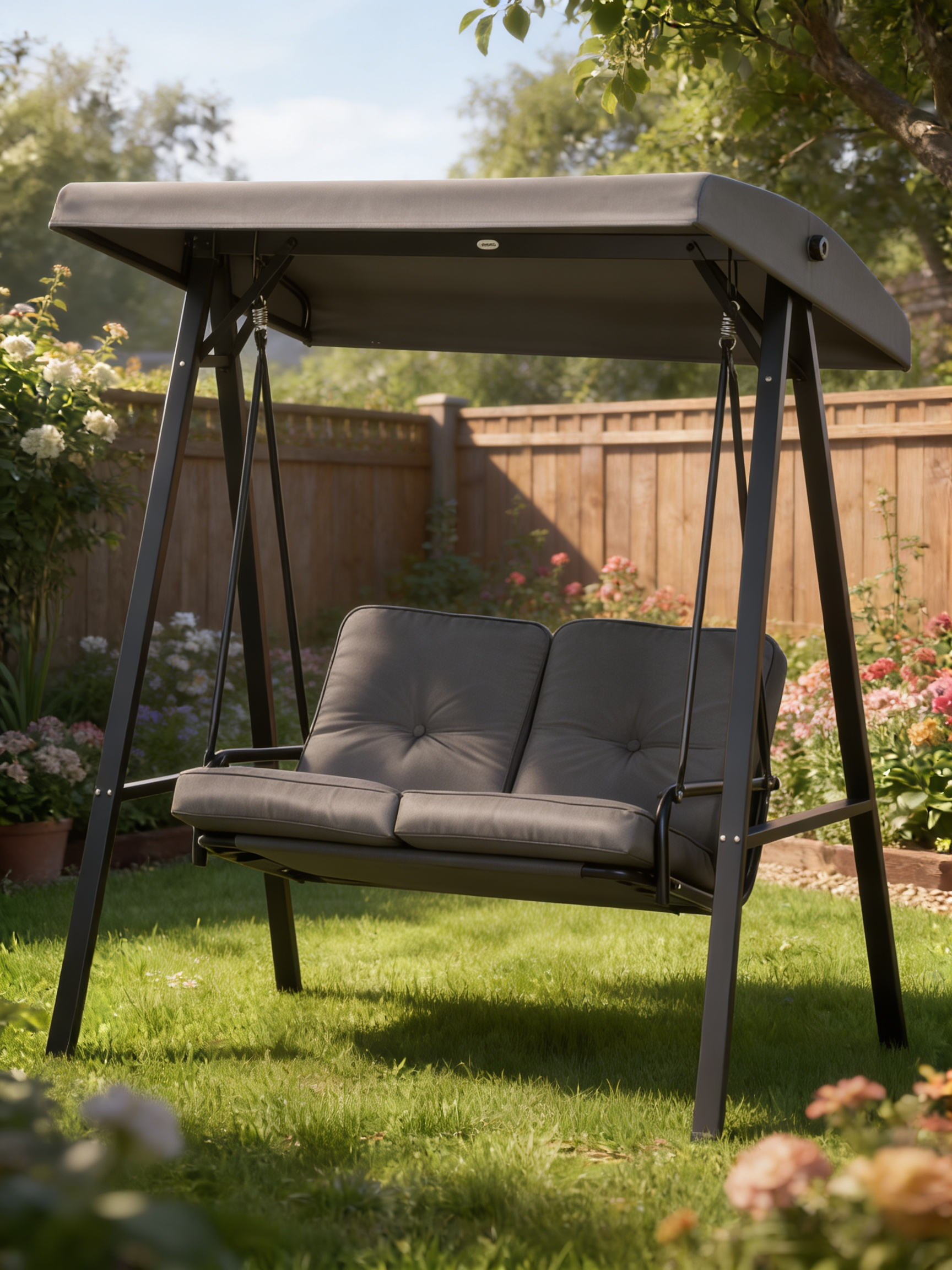 Two-Seater Garden Swing Bench with Adjustable Canopy - Dark Grey - Outdoor Patio Furniture