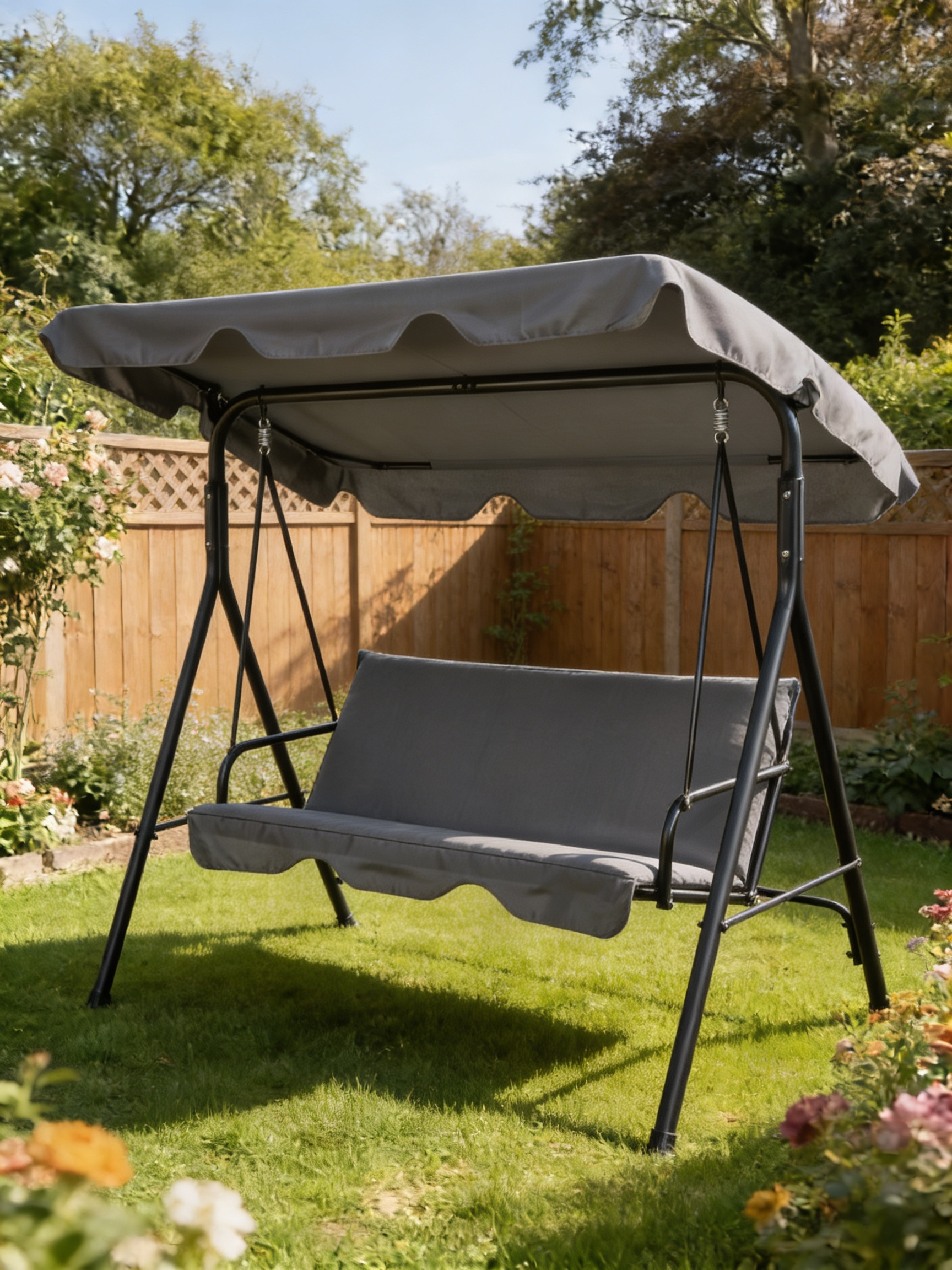 Grey 3-Seater Garden Swing Chair with Adjustable Canopy