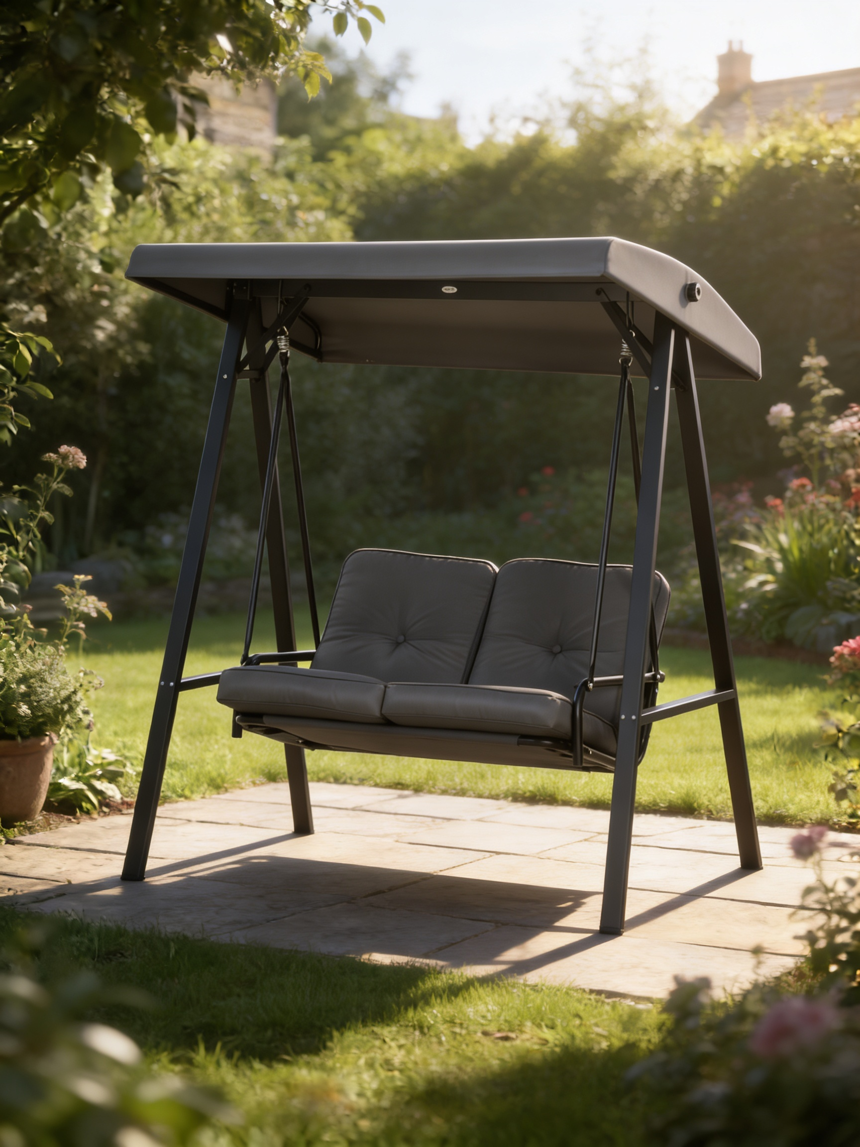 Two-Seater Garden Swing Bench with Adjustable Canopy - Dark Grey - Outdoor Patio Furniture