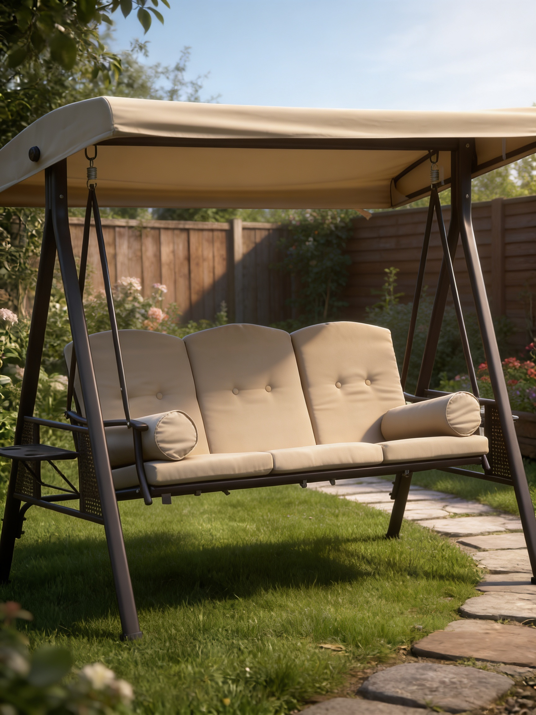 Beige 3-Seater Swing Hammock Chair with Canopy and Cushion