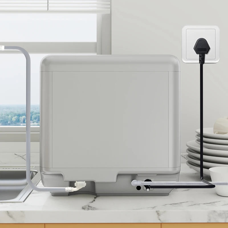 Compact Table Top Dishwasher - Mini Countertop Design, 6L Built-in Water Tank, 6 Wash Programs, 4 Place Settings, Silver Finish