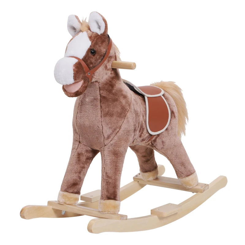 Kids Plush Rocking Horse with Wooden Base - Ride-On Toy for Ages 3+, Fun Gift for Children (Brown)