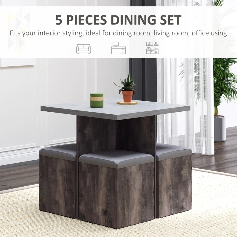 5PC Wooden Dining Set for Garden & Patio - Space Saving Design with 4 Storage Stools, Footrest Ottoman & Cushions