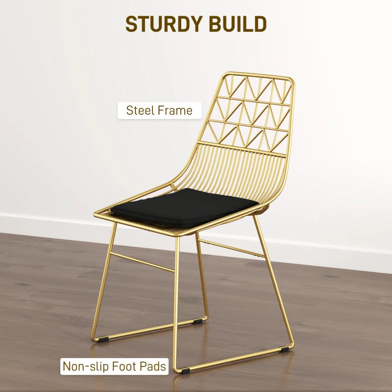 Luxurious Set of 4 Dining Chairs - Metal Wire Kitchen Chairs with Velvet Cushions, Cut-out Back & Gold Steel Frame