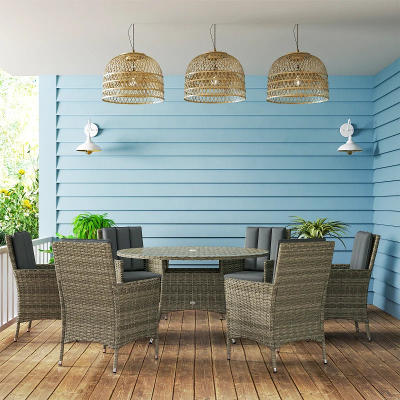 Light Grey Seven-Piece Rattan Dining Set with Round Glass Top Table for Outdoor Patio