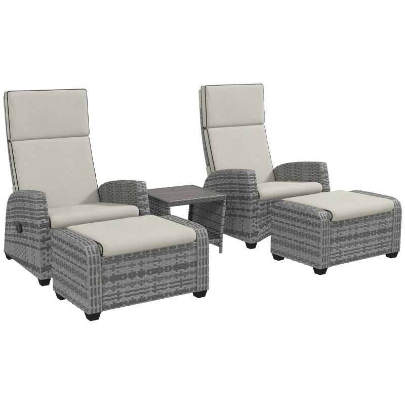 5-Piece Grey Rattan Patio Recliner Set with Footstools & Coffee Table