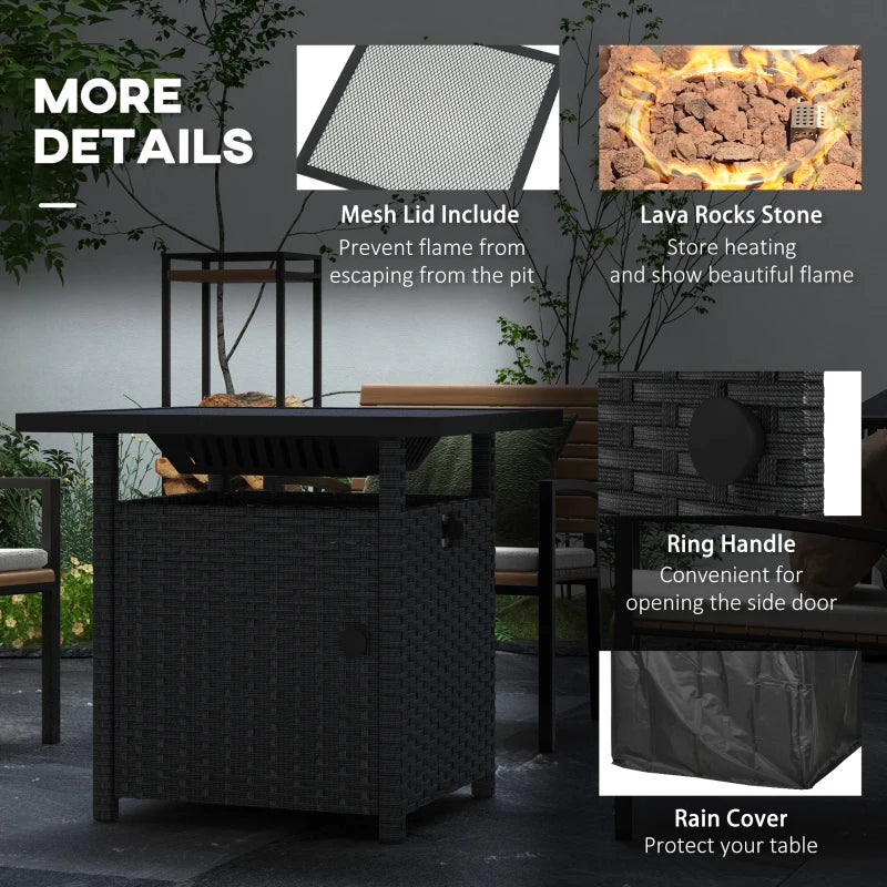 50,000 BTU Black Fire Pit Table with Cover - 72.5 x 72.5cm Outdoor Heating Solution