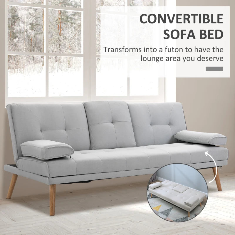 Convertible Fabric Sofa Bed with Cup Holders - Stylish Futon Settee for Living Room and Bedroom, Grey