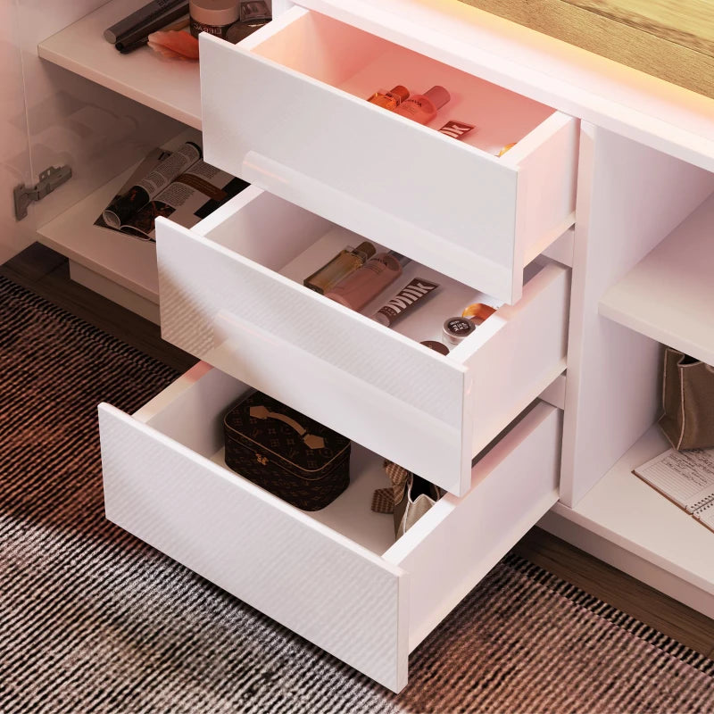 High-Gloss White Chest of Drawers with LED Lighting - 2 Doors & 3 Drawers Sideboard Cabinet, 140x39x81 cm