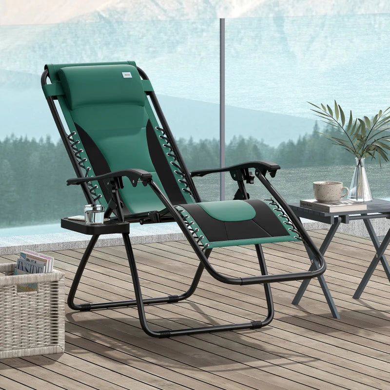 Zero Gravity Lounger Chair - Folding Reclining Patio Chair with Padded Seat, Cup Holder, Soft Cushion and Headrest - Green - Ideal for Poolside and Camping