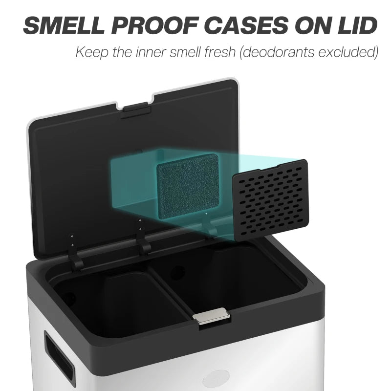 56L Triple Compartment Stainless Steel Kitchen Bin with Deodoriser Holders & Wheels - Stylish Silver Tone Waste Solution