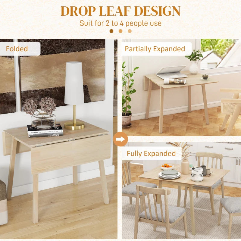 Solid Wood Folding Dining Table - Drop Leaf Design for 2-4 People, Space-Saving Rectangle Kitchen Table in Natural Finish