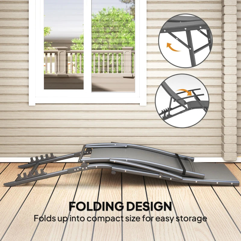 Set of 2 Grey Folding Sun Loungers - Adjustable 4 Position Outdoor Chaise Lounge Chairs with Armrests and Pillows - Steel Frame Sunbed Recliners for Garden, Patio, Beach and Poolside